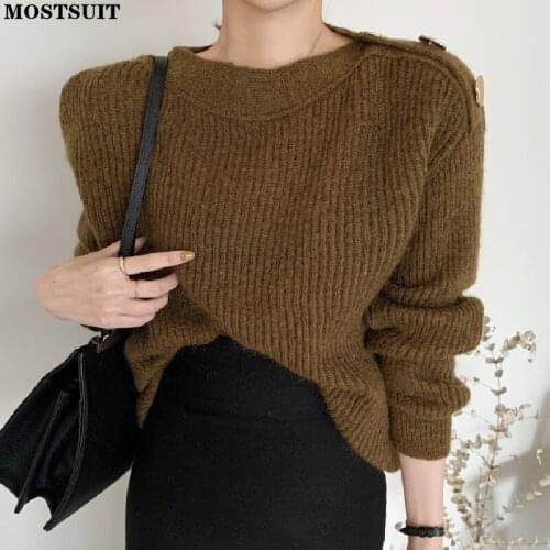 Elegant Korean Knitted Pullover Sweater Women 2021 Fall Winter Gold Buttons Full Sleeve Slash Neck Jumpers Solid Loose Tops