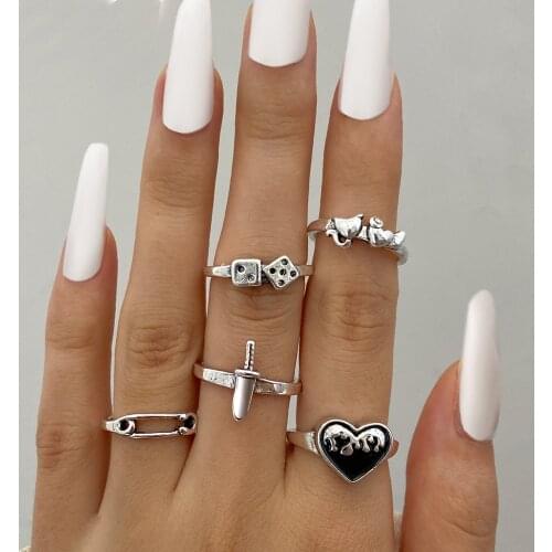 Punk Vintage Silver Color Heart Sword Ring Set for Women Gothic Dice Anillos Hip Hop Y2k Korean Fashion Male Gift Jewelry