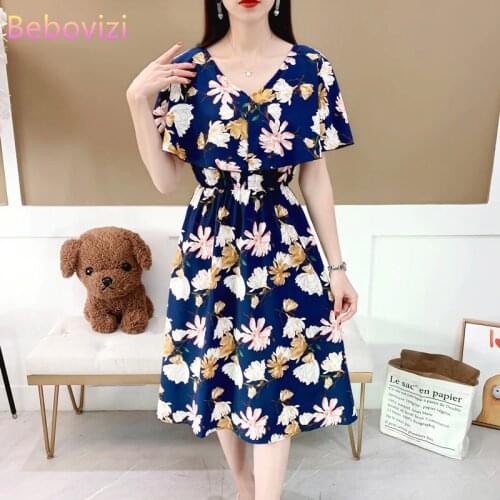 2021 New Fashion 10 Color Pink Blue White Floral Korean Elegant Butterfly Sleeve V-neck Chiffon Casual Beach Women Midi Dress