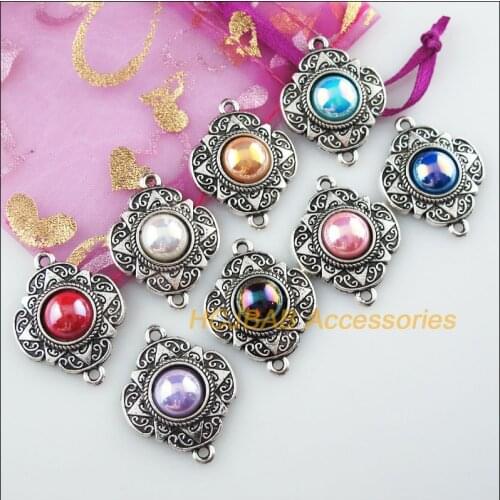 8Pcs Tibetan Silver Flower Mixed Acrylic Charms Pendant Connectors 23.5x30mm