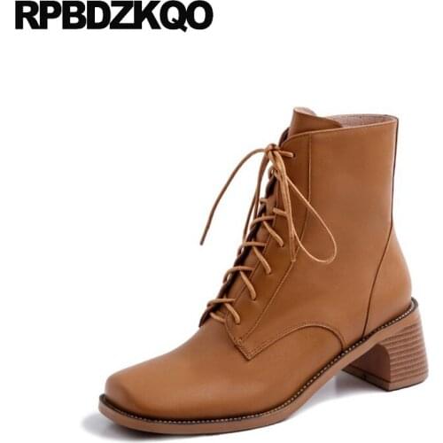 Short Chunky Big Size Luxury Shoes Front Lace Up Casual Ankle Boots Autumn Fall Square Toe New Genuine Leather Plus Women Brown