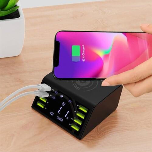 QC3.0 Fast Charger Station with 10W Wireless Charger 8Ports USB 60W Power Adaptor for Phone Tablet Smart Devices Charger Station