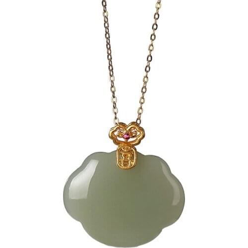 Pure gold natural Hetian gray jade pendant vintage graceful personality Xi character Ruyi Lady pure gold pendant