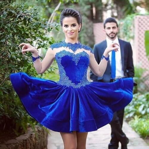 Royal Blue Elegant Cocktail Dresses A-line Long Sleeves Short Mini Velvet Lace Beaded Party Homecoming vestido de noiva