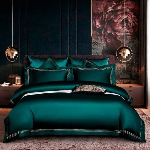 Embroidered Deep Green Blue Duvet Cover Set Premium Soft Egyptian Cotton Bedding set Queen/King size 4Pcs 1BedSheet 2Pillowcases