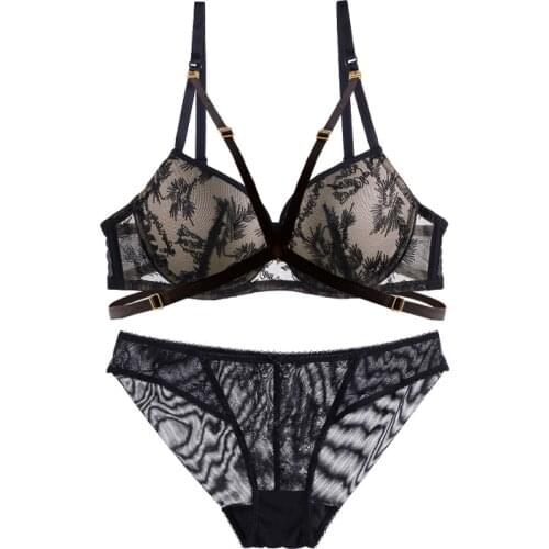 Sexy Lingerie Womens Bra and Panties Set Push Up Strappy Padded Cup Floral Underwired Removable Straps Lingerie Set For Women