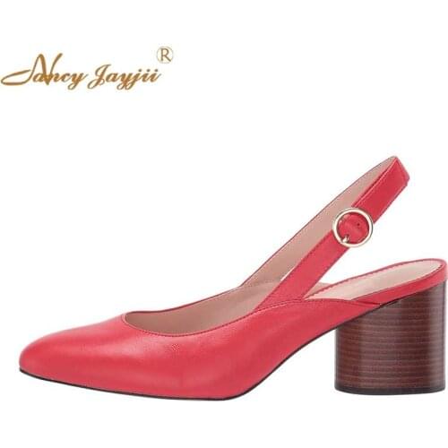 Red Slingbacks Mid High Wood Print Heels Open Back Vacation Pumps Spring Sweet Fashion Women Shoes 2019 Round Heel Office Lady