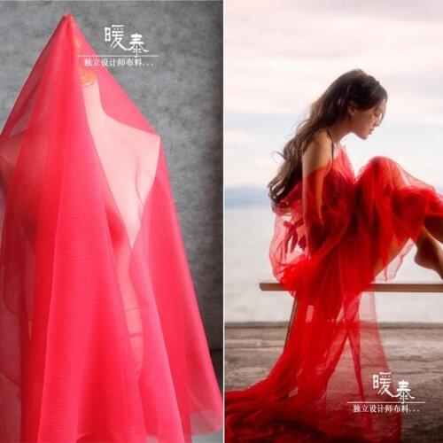 Crepe Tulle Fabric Red Organza DIY Patchwork Scarf Veil Background Decor Fluffy Skirt Wedding Dress Fashion Designer Fabric