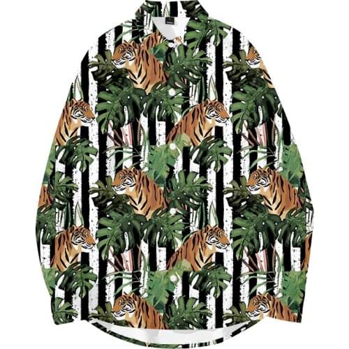 LCFA Brand Clothing Dress Shirts 3D Print Striped Leaf Tiger Shirts Men Long Sleeve Party Club Designer Tops Man Animal Shirts