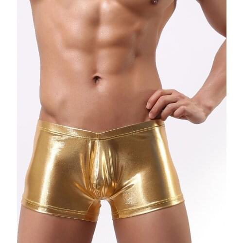 Mens Faux Leather Underwear Hot Sexy Boxers Shorts Underpants Gold Silver Male Panties Night Club Performance Clothing