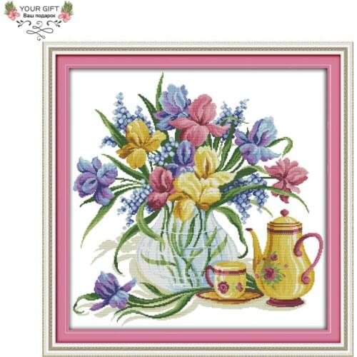 Your Gift H728 Counted and Stamped Home Decor Flowers And Kettle Needlework Needlepoint Embroidery DIY Cross Stitch kits
