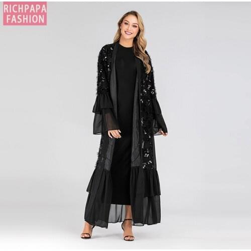 Sequin Open Abaya Kimono Dubai Muslim Dress Abayas For Women Hijab Dress Islam Moroccan Kaftan Turkish Islamic Clothing Caftan