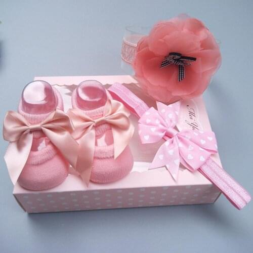 1 Set Newborn Baby Girls Headband Bow Flowers Cloth Hair Bands +headclip Hair Accessories Three-piece Suit Gift Boxes For Infant