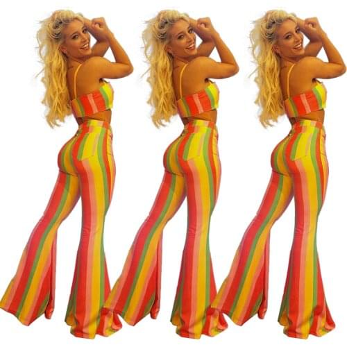 Sexy Nightclub Ladies Two-Piece Rainbow Striped Wrap-Chest Wide-Leg Trousers