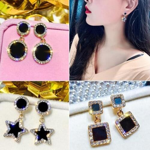 Super Flash Crystal Earrings Noble Temperament Zircon Pentagram Round Square Earrings For Women Black Earing Jewelry Wholesale