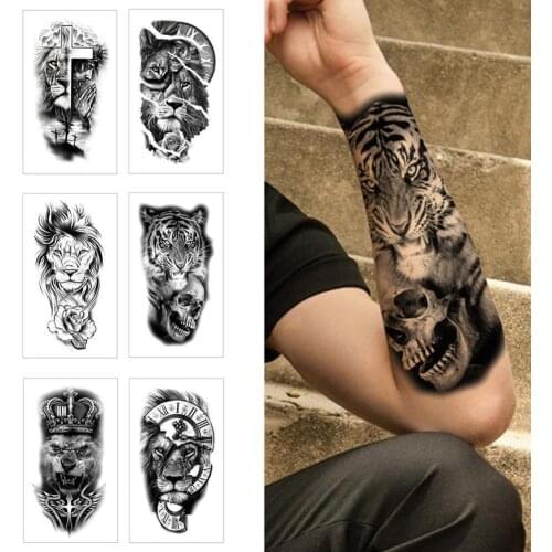 Waterproof Temporary Tattoo Sticker Lion King Crown Cross Tiger Pattern Fake Tattoo Flash Tatoo Black Body Art for Kids Women
