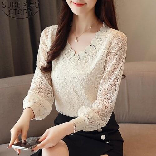 Autumn 2021 New Korean Style Casual Lace Women Blouses Long Sleeve V-neck Women Tops Versatile Elegant Women Clothing 5958 50