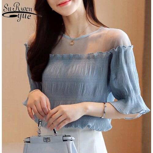 Women Blouses Summer Blusas Mujer De Moda 2021 Chiffon Shirt Korean Short Sleeve Solid Mesh Tops Fashion Elegant Clothes 9024