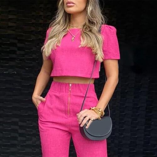 Casual Suit Women 2021 Summer Fashion Short Puff Sleeve Top High Waist Slim Pants Elegant Office Lady 2-piece Set