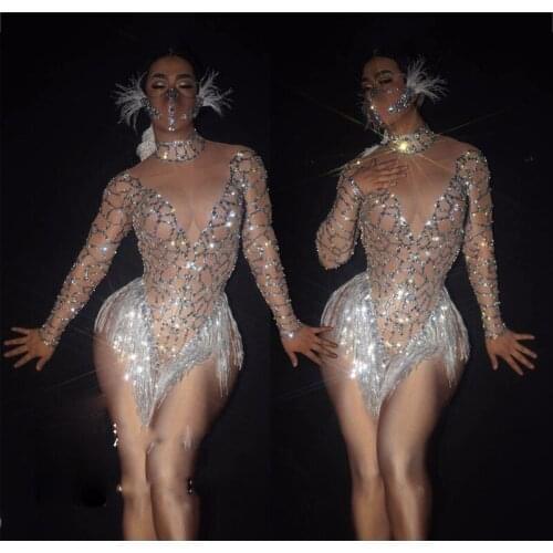 Rhinestone Net Yarn See-Through Jumpsuit Fringed Stage Performance Costumes Rave Set Pole Dance Outfits Women Latin Dress XS1284