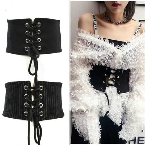 Women Wide Corset Elastic Waistband For Dress Vintage Stretchy Gridle Cloth Lace Up Tied High Waist Decorative Belt Cummerbunds