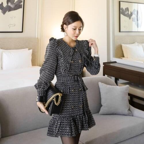 New Autumn Winter Retro Pattern Lace Up Ruffle Casual Tweed Dress Womens Black Elegant High Quality Dress Vestidos