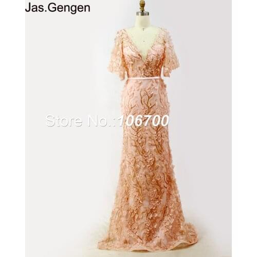 2018 New Evening Dress Emboirdery 3D Lace Flower V neck robe de soiree long Poet Half Sleeve with belt Prom Gown 949