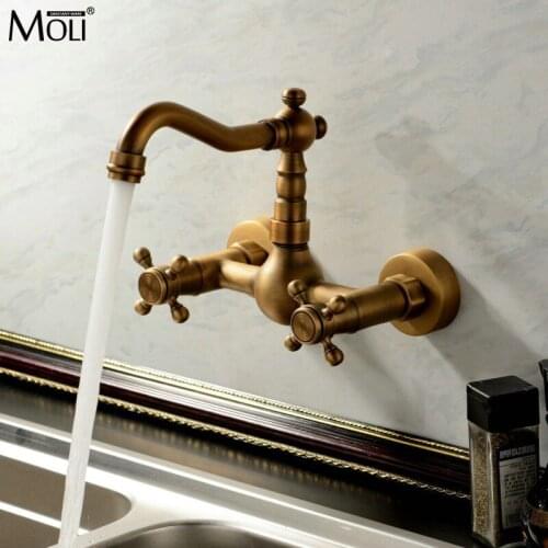 Antique Kitchen Faucet Wall Cold and Hot Double Handle Kitchen Water Mixer Taps Wall Mounted Kitchen Sink Faucets MLK904