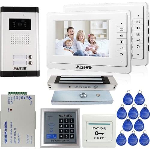 FREE SHIPPING 7" Video Intercom Apartment Door Phone 2 White Monitors Outdoor Camera for 2 Family Magnetic Lock RFID Access Kit