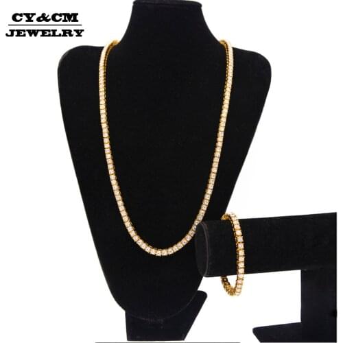 CY&CM 5.5mm Mens & Lady Gold Silver Plated Rhinestone Hip-Hop Chain Tennis1 Row Bling Bling 30" Necklace 8" Bracelet Jewelry Set