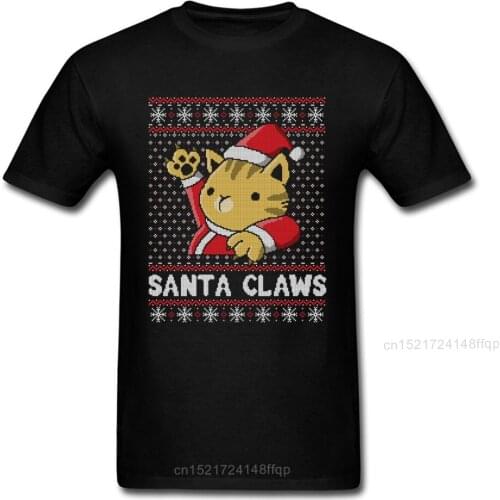Santa Claws T-shirt Funny Christmas T Shirt Santa Kitty Tops Men Xmas Gift Tshirt Sweater Cartoon Graphic Clothes Black