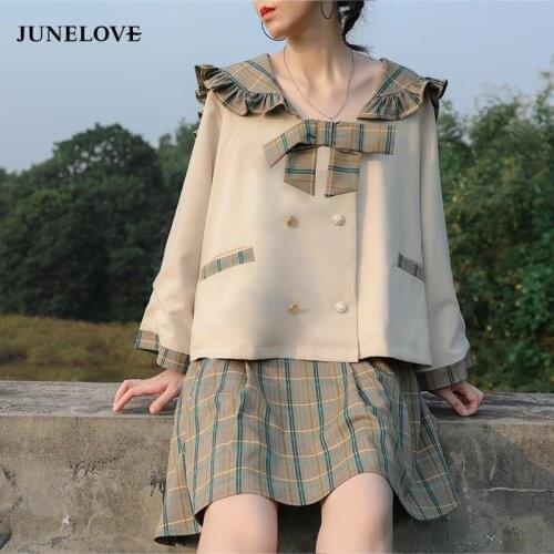 JuneLove Japanese 2 Piece Set Women New Summer Fashion Suit Loose Shirt Plaid Pleated Mini Skirt Femme Roupas Lolita Suits 2021