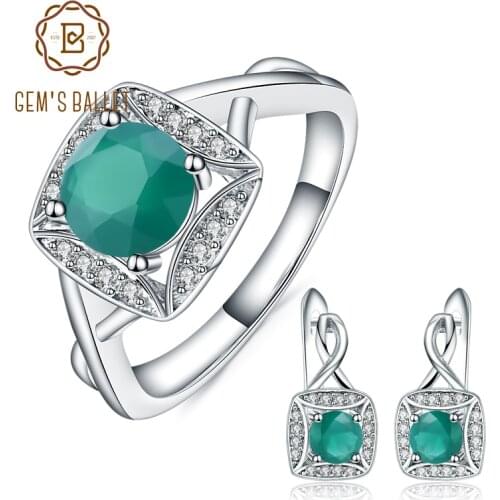 GEMS BALLET Classic Natural Green Agate Earrings Ring Set Real 925 Sterling Silver Jewelry Set For Women Wedding Fine Jewelry