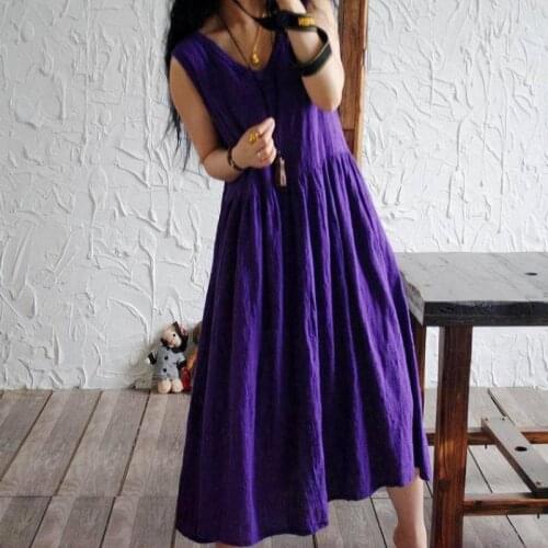 Brief Cotton Linen Dress Loose Women Vestidos 2017 V Neck Causal Dress Maxi Solid Long Sleeveless Summer Dress Pocket