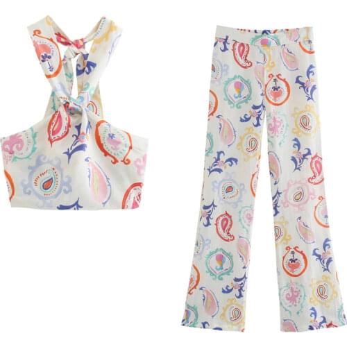 Za Women Fashion Blouses Vintage Print Open Back Female Shirts Chic Neck Tops And High Waist Straight Pants