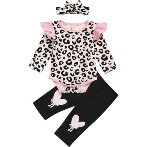 Fashion Baby Clothes Set Kids Girls Autumn Long Sleeve Cow Printing Ruffled Round Neck Splicing Rompers Pants Hairband