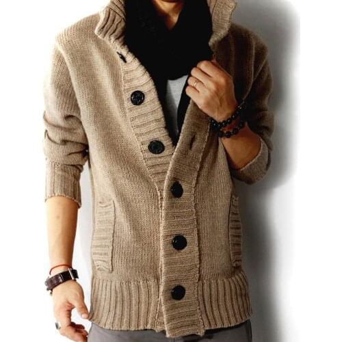 Men Autumn Stand Collar Buttons up Pockets Knitted Sweater Thickened Warm Coat Mens Clothing