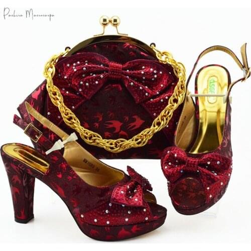 Latest African Shoes and Bags Matching Set Decorated with Appliques Pumps Women Shoes and Bag Set in Wine Color for Party
