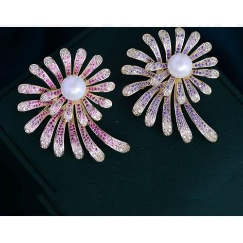 OKILY Fashion Cubic Zirconia Flower Brooches for Women Sunflower Brooch Pin with Pearl Copper Jewelry Corsage Coat Accessories