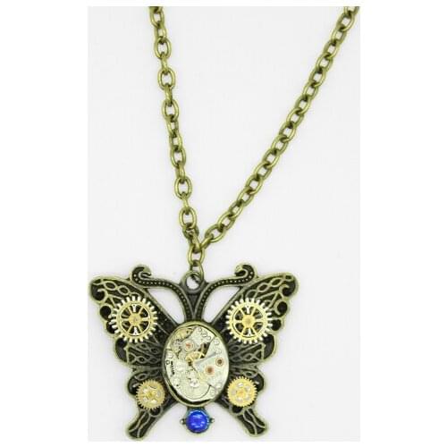 Retro Steampunk Butterfly Antique Pendant Watch Movement Gears Necklace Chain Fashion Jewelry For Women