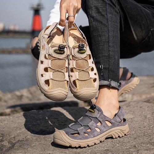 Genunie Leather Sandals , Mens Summer Hollow Casual Shoes , Anti-collision Toe Wading Shoes , Size 39-44