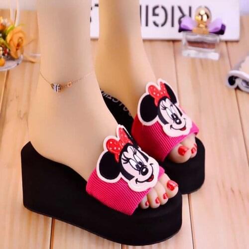 Disney Summer Sponge Cake Platform Girl Slippers Minnie Flip-Flop Fashion Outer Wear Sandals Female Wedge Shoes