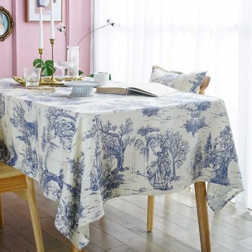 French Pastoral Tablecloth Retro Korean Ins Style Tablecloth Picnic Mat Blue Printing Ink Painting Gourmet Tablecloth