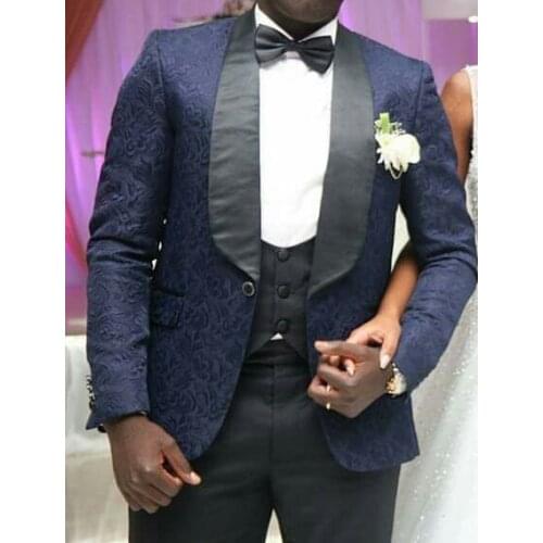 One Button Navy Blue Paisley Groom Tuxedos Shawl Lapel Groomsmen Mens Wedding Prom Suits (Jacket+Pants+Vest+Tie) NO:231