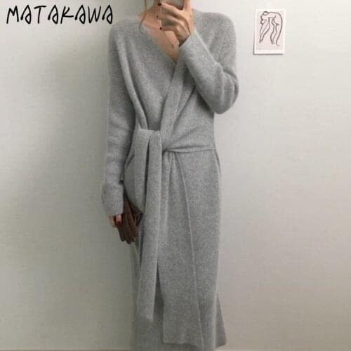 Matakawa Knitted Dress Autumn Winter Korean Elegant V Neck Long Sleeve Cross Bandage Dresses for Women Solid Elegant Vestidos