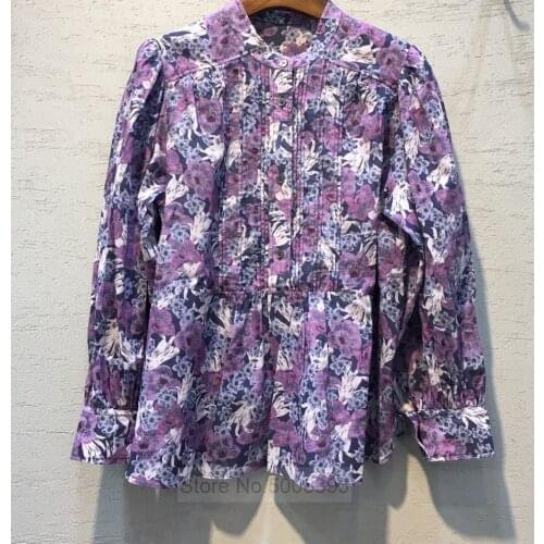 Woman Purple Print Blouse Mandarin Collar with buttons Long Sleeves Front Folds Detail Fashion Top