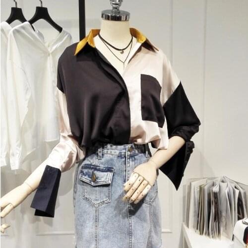 Womens spring autumn long sleeve contrast color satin shirt female casual loose basic OL Shirt plus size chic Blouse TB559