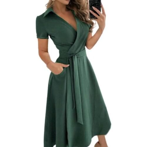 Fashion dress women summer 2021 Turn Down Collar Solid Color Short Sleeve Belt Long A-line Dress for Party Army Green xxl