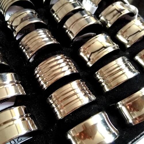 36pcs Silver Men Ring 10mm Width Stainless Steel Wedding Band Rings Man Gift Size & Design Assorted Cool Jewelry