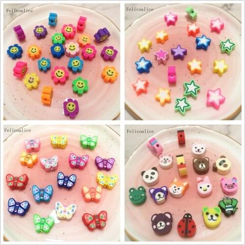 20pcs Butterfly/Smiley Flower/Animal/Star Printing Polymer Clay Beads Mixed Color Spacer Beads For Jewelry Making DIY